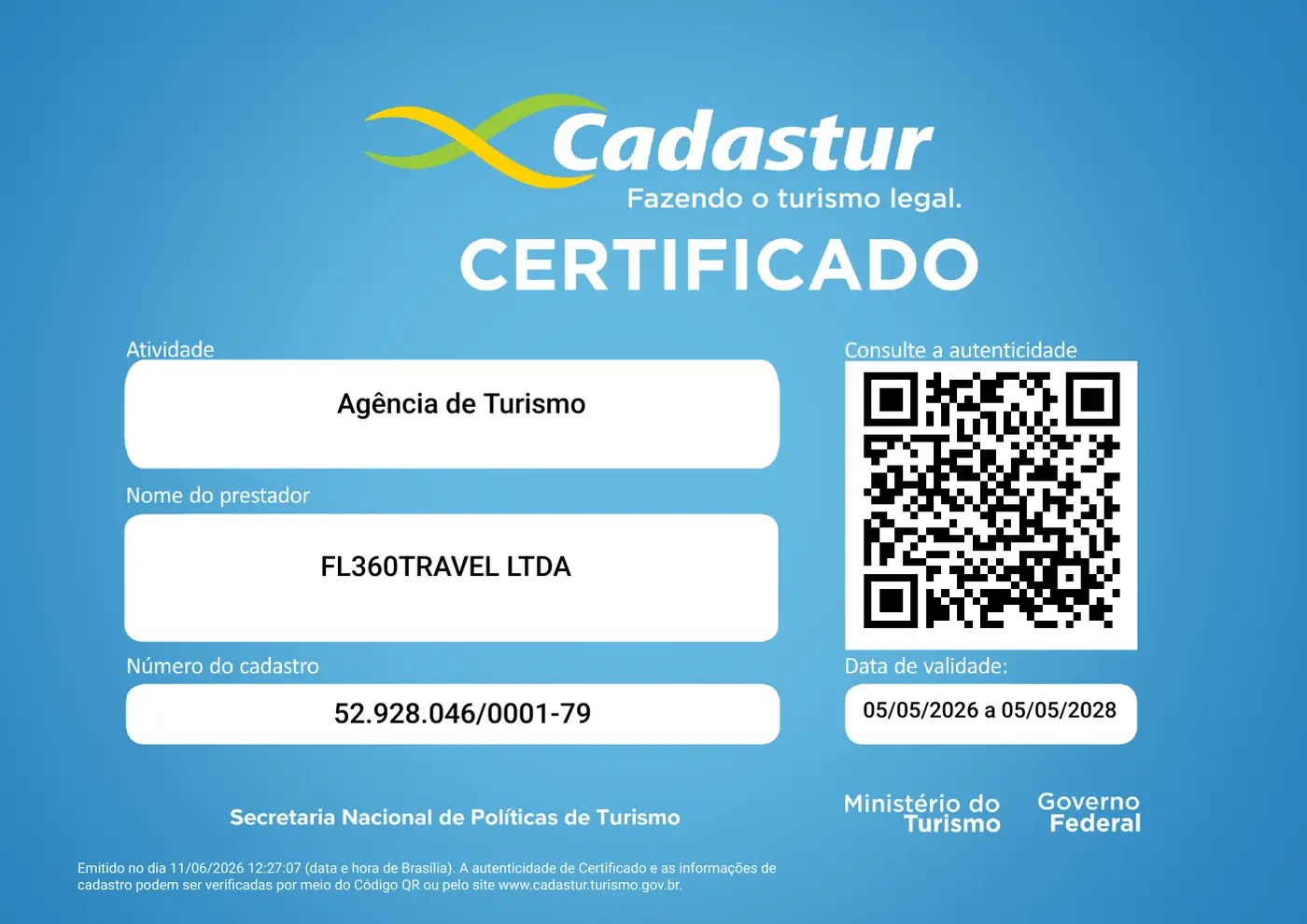 Certificado Cadastur da FL360TRAVEL LTDA
