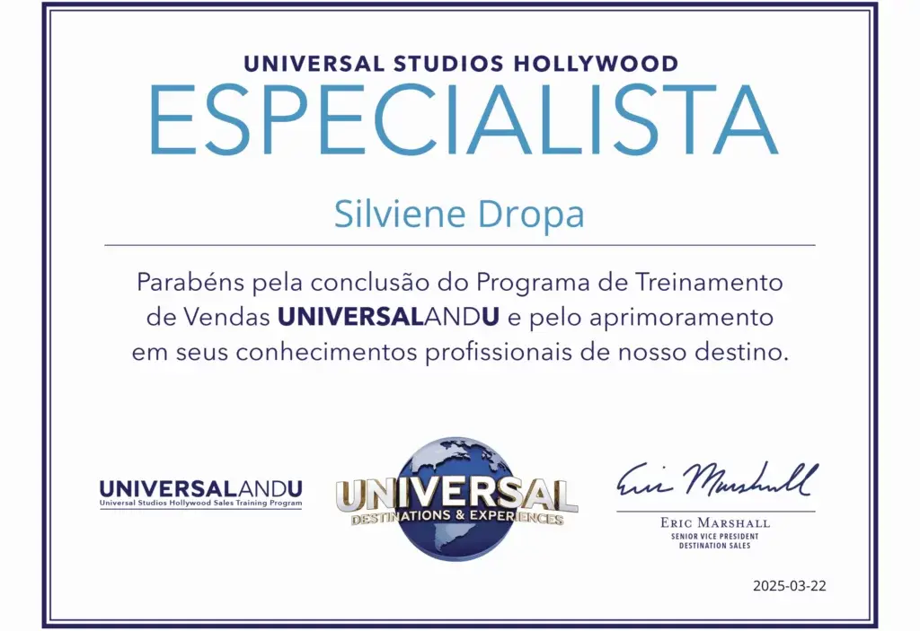 Certificação de Silviene Dropa como Especialista Universal Studios Hollywood